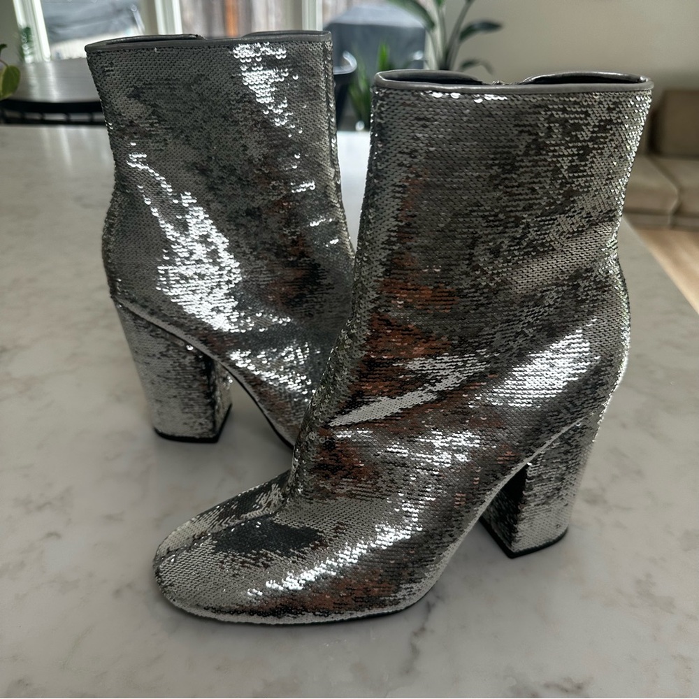Kendall & Kylie Silver Sequin Block Heel Ankle Boots